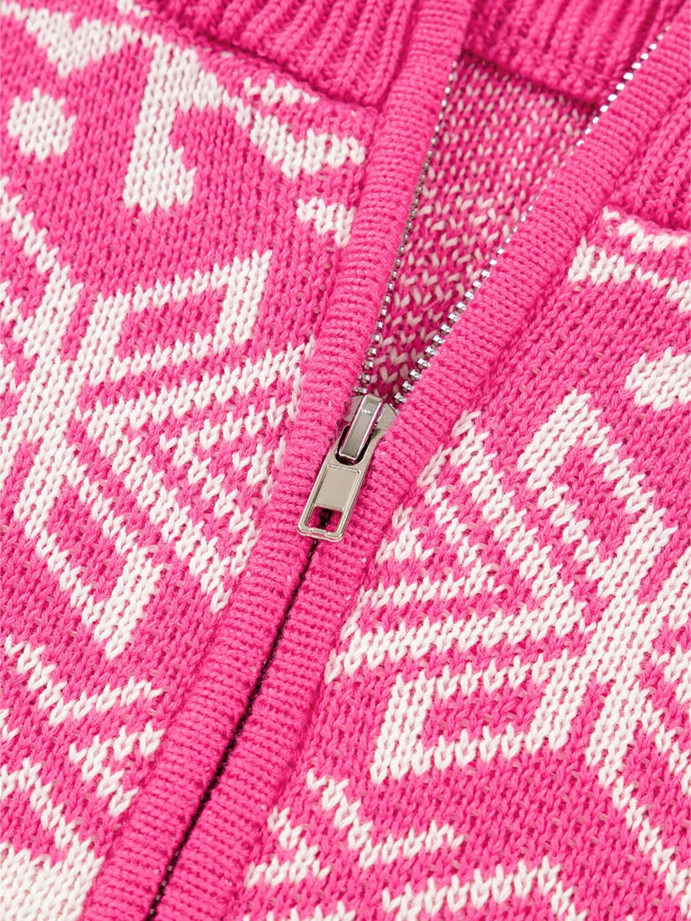 Frosted Fair Isle Half-Zip Sweater in pink and white with snowflake design