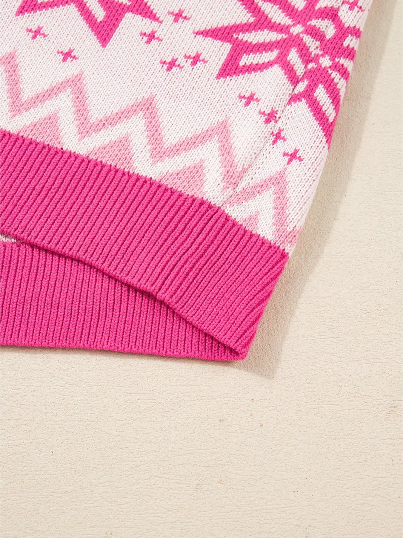 Frosted Fair Isle Half-Zip Sweater in pink and white with snowflake design