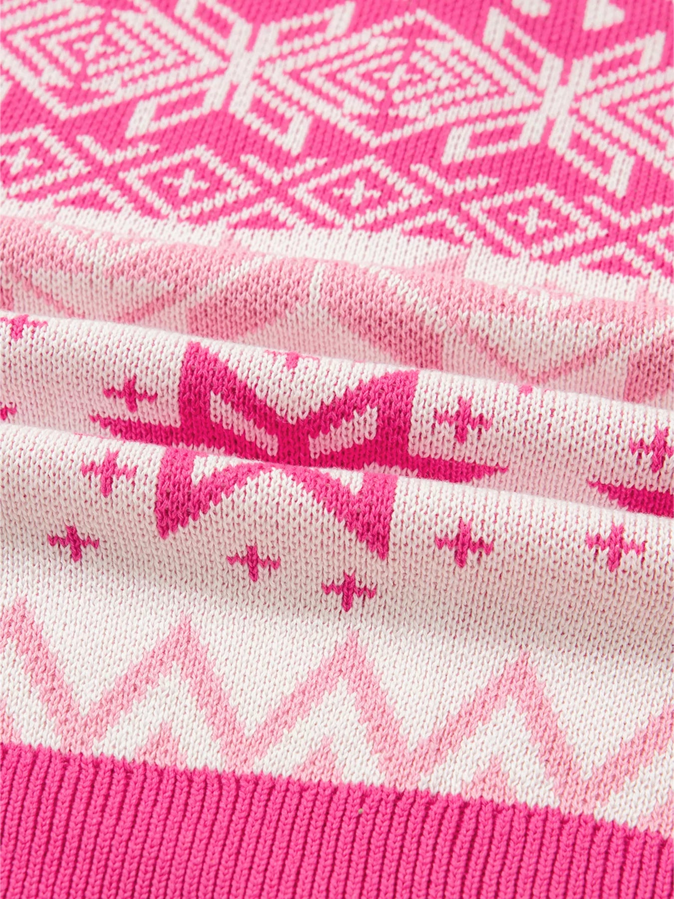 Frosted Fair Isle Half-Zip Sweater in pink and white with snowflake design