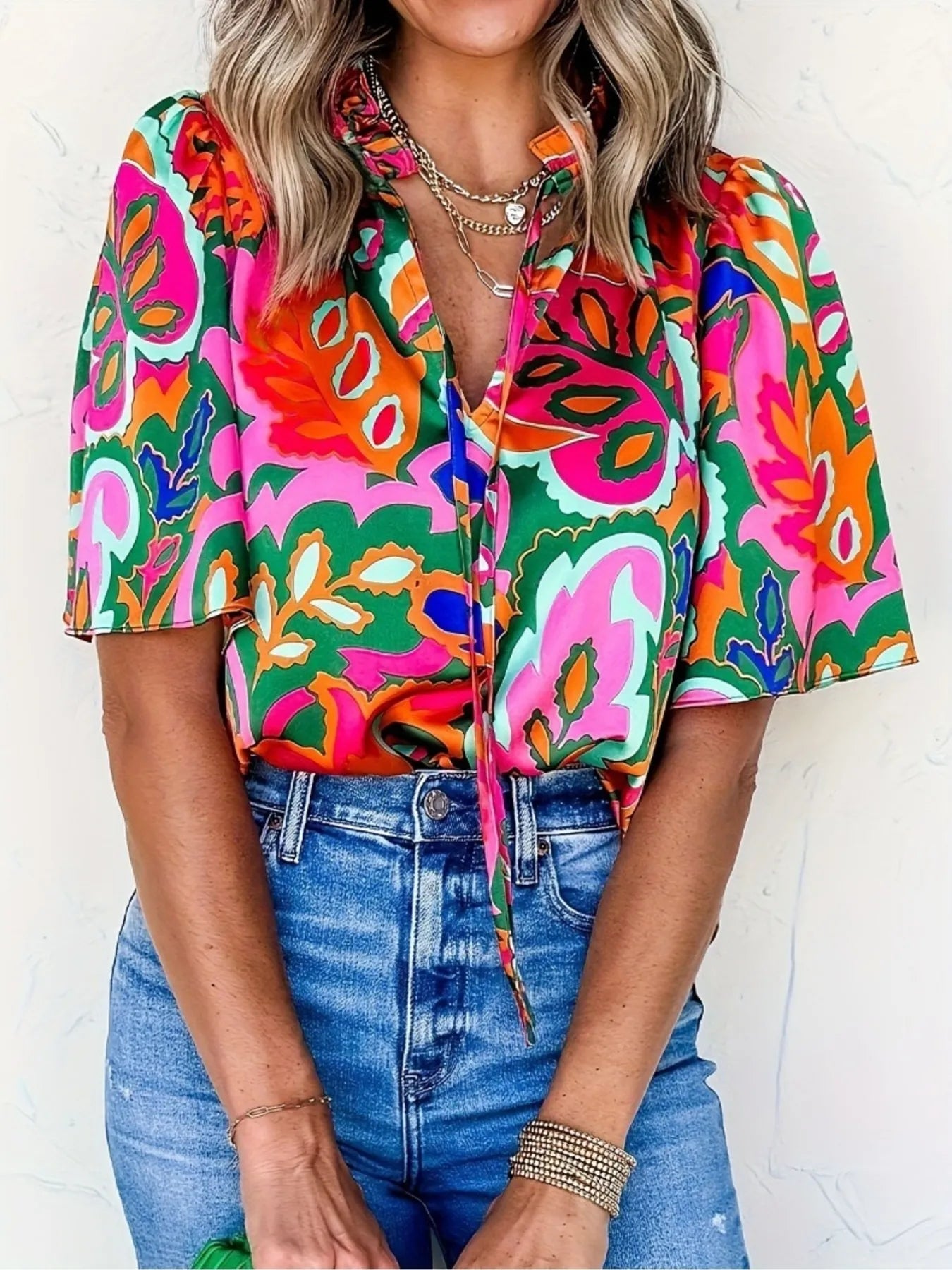 Printed short-sleeve blouse with tie-neck detail – Garden Stroll style from A Whimsical Affair.