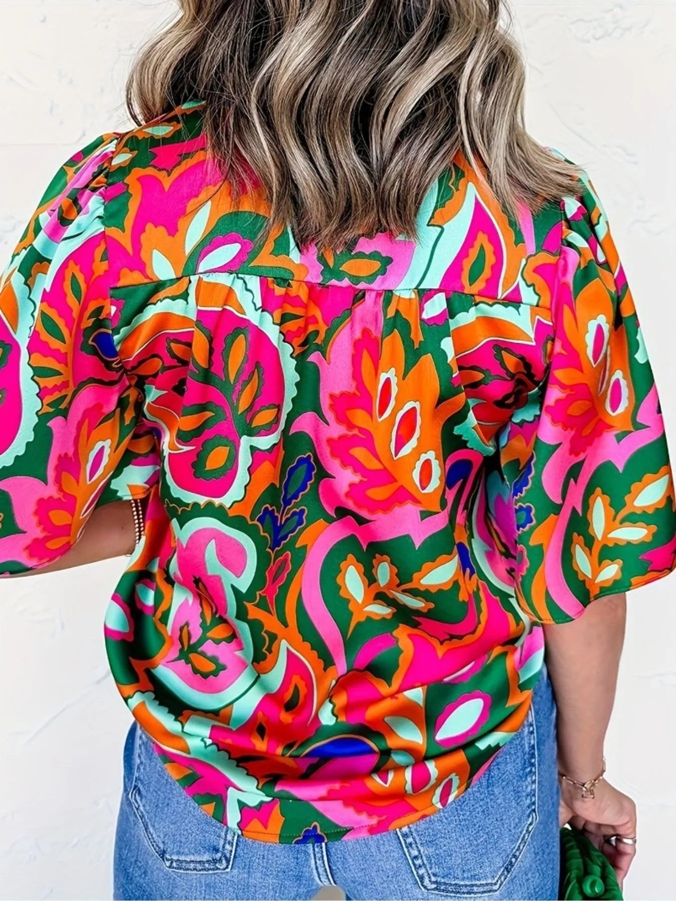Printed short-sleeve blouse with tie-neck detail – Garden Stroll style from A Whimsical Affair.