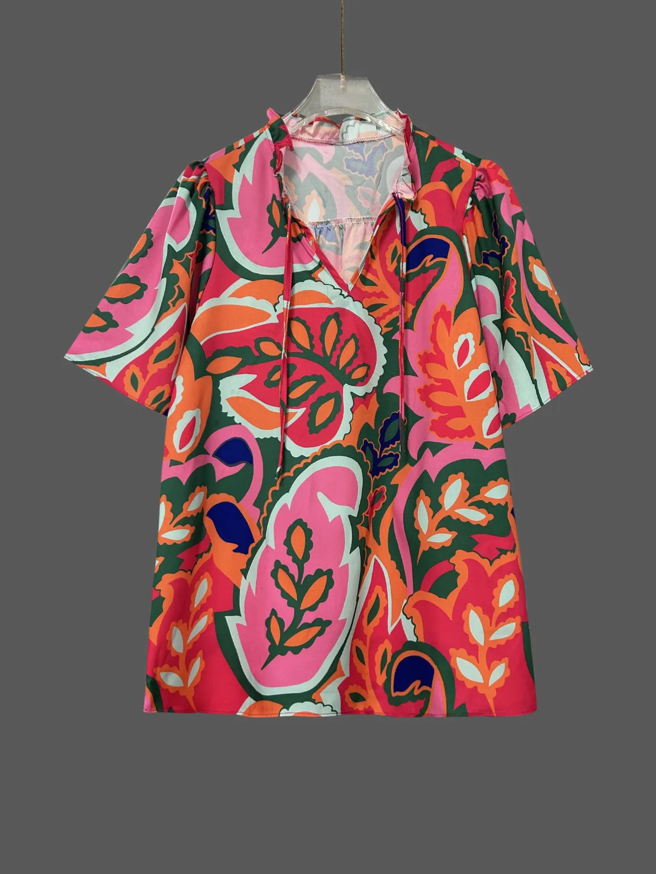 Printed short-sleeve blouse with tie-neck detail – Garden Stroll style from A Whimsical Affair.