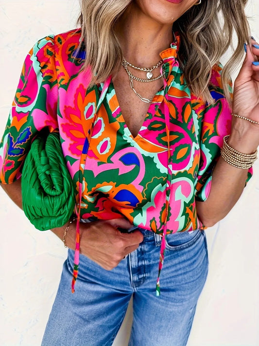 Printed short sleeve blouse with tie-neck detail – Garden Stroll style from A Whimsical Affair.
