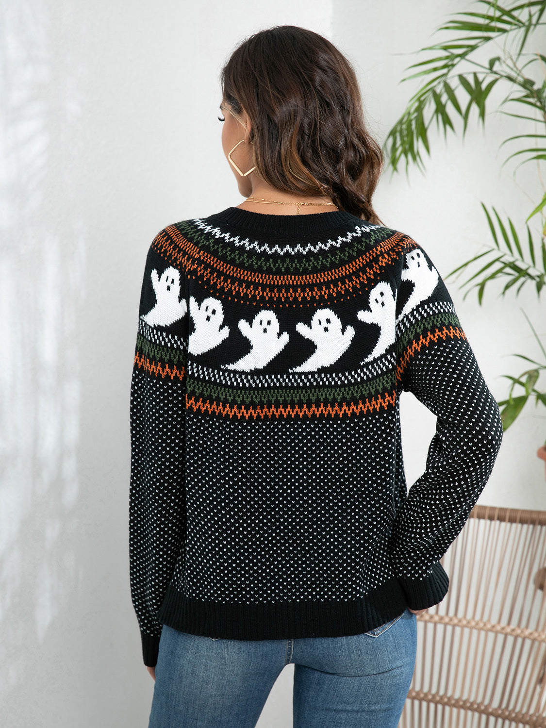 Ghostly Glow Cardigan – black button-up knit sweater with ghost design and festive fall accents.
