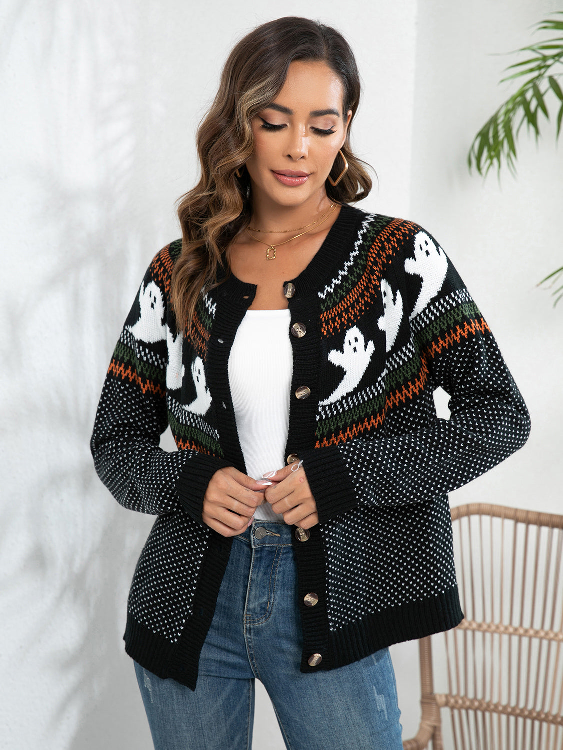Ghostly Glow Cardigan – black button-up knit sweater with ghost design and festive fall accents.