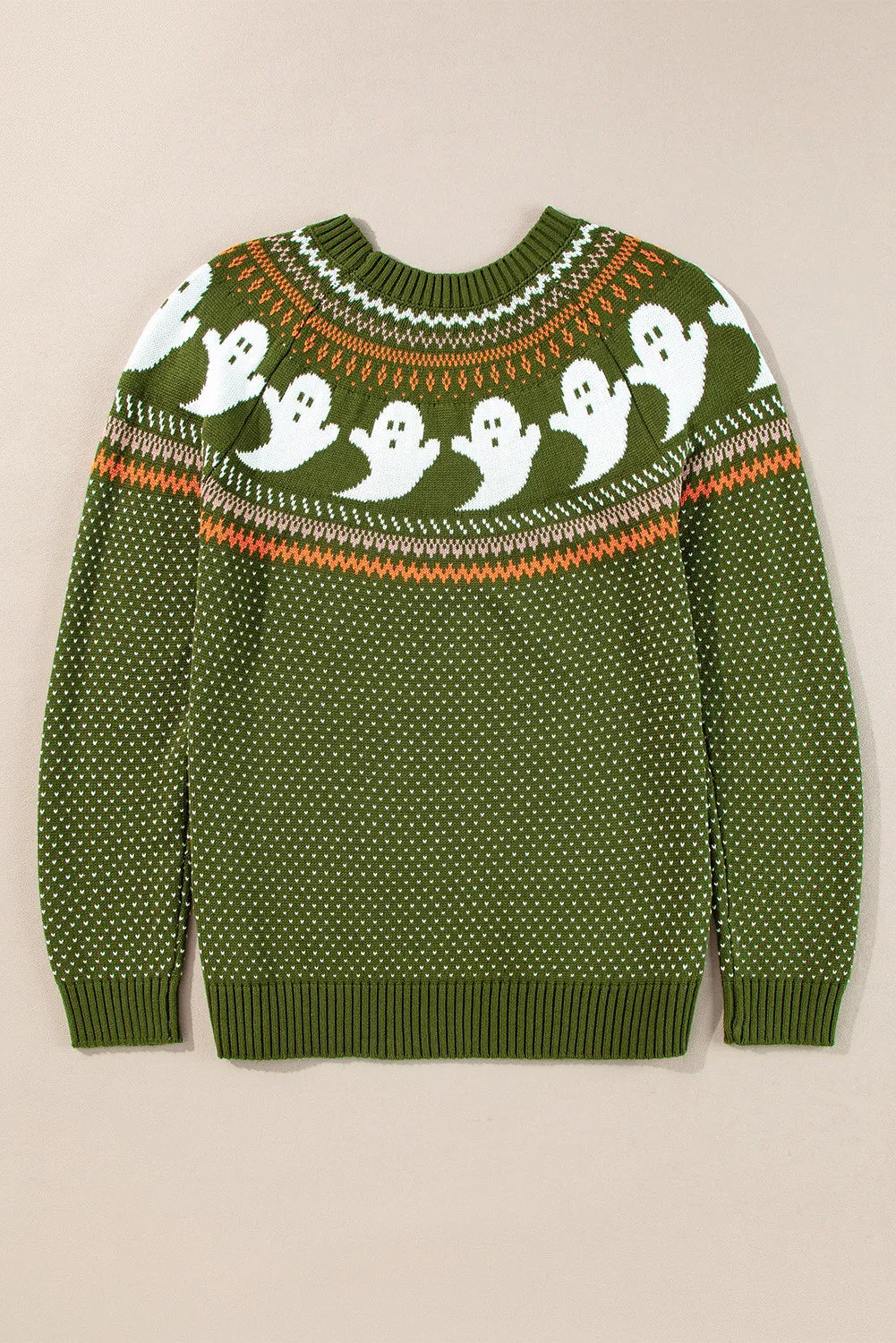Ghostly Glow Sweater – green round neck knit with ghost motif by SYNZ, Halloween fall sweater.