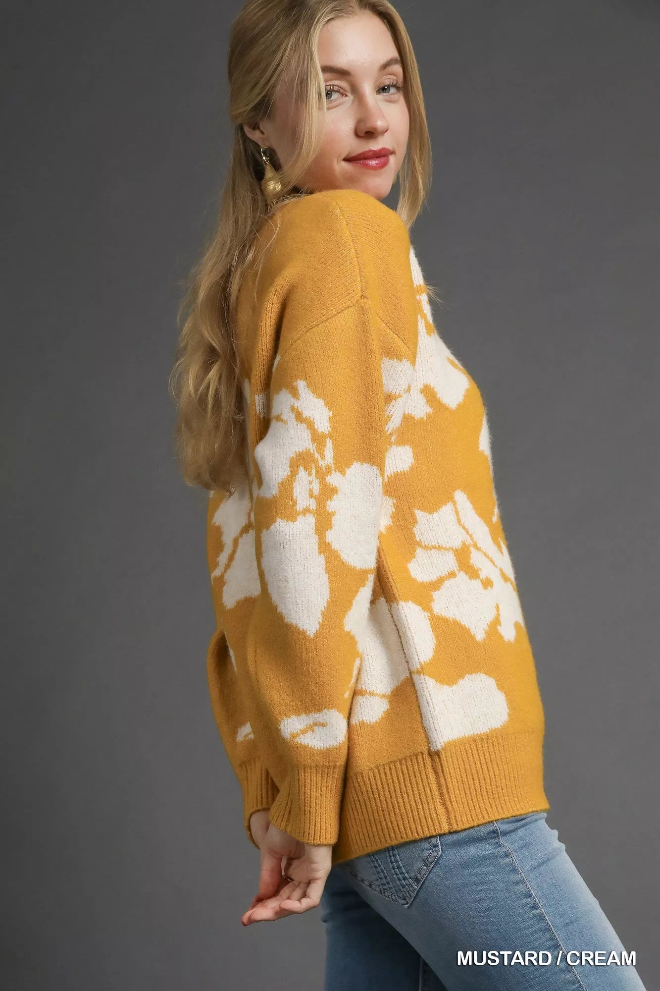 Golden Bloom Sweater in mustard with cream floral design, oversized fit with long sleeves