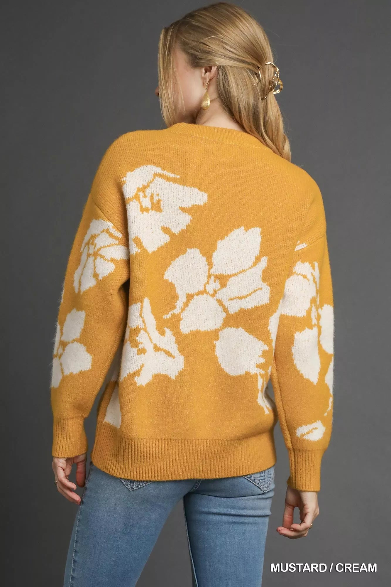 Golden Bloom Sweater in mustard with cream floral design, oversized fit with long sleeves