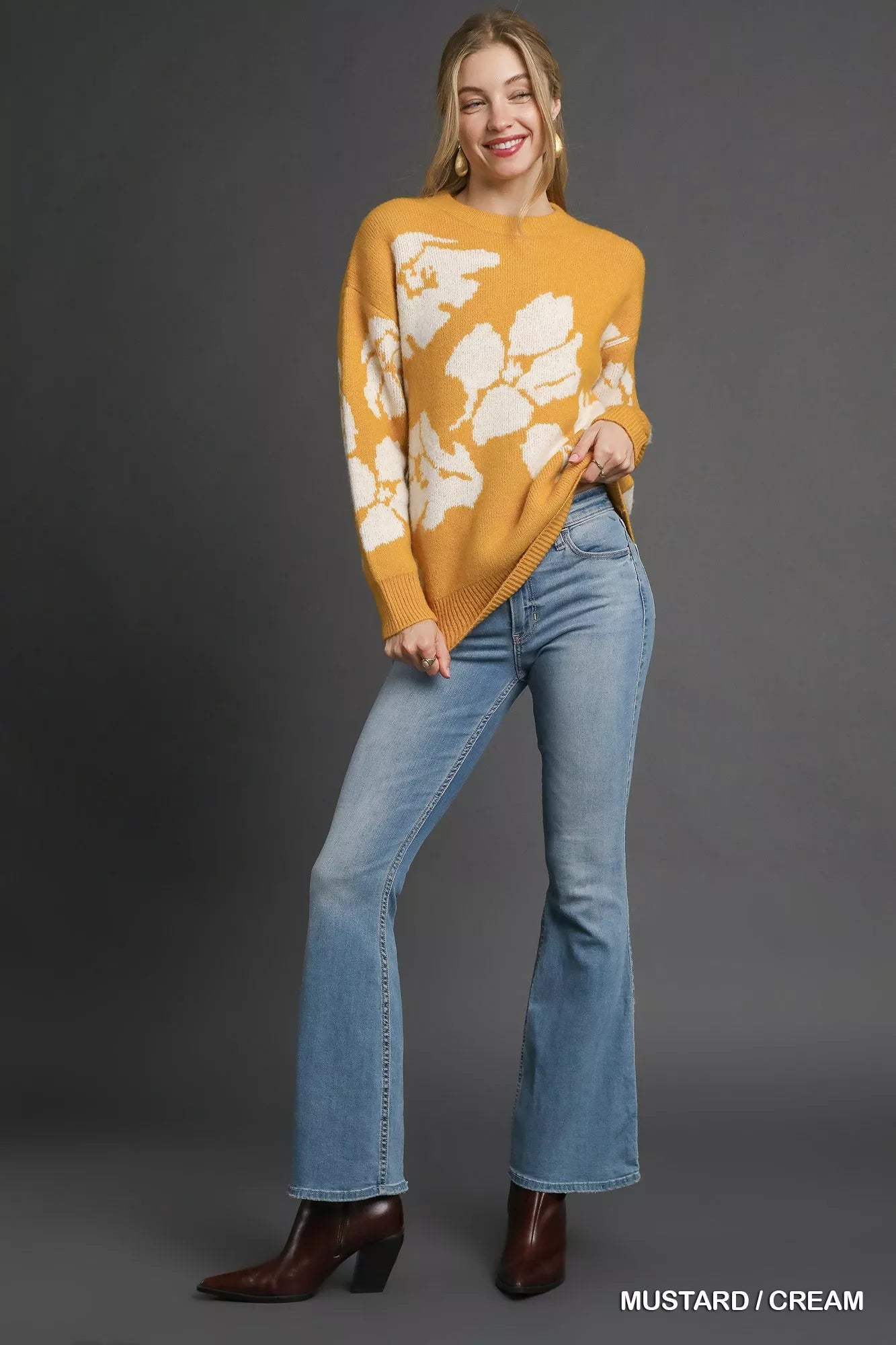 Golden Bloom Sweater in mustard with cream floral design, oversized fit with long sleeves