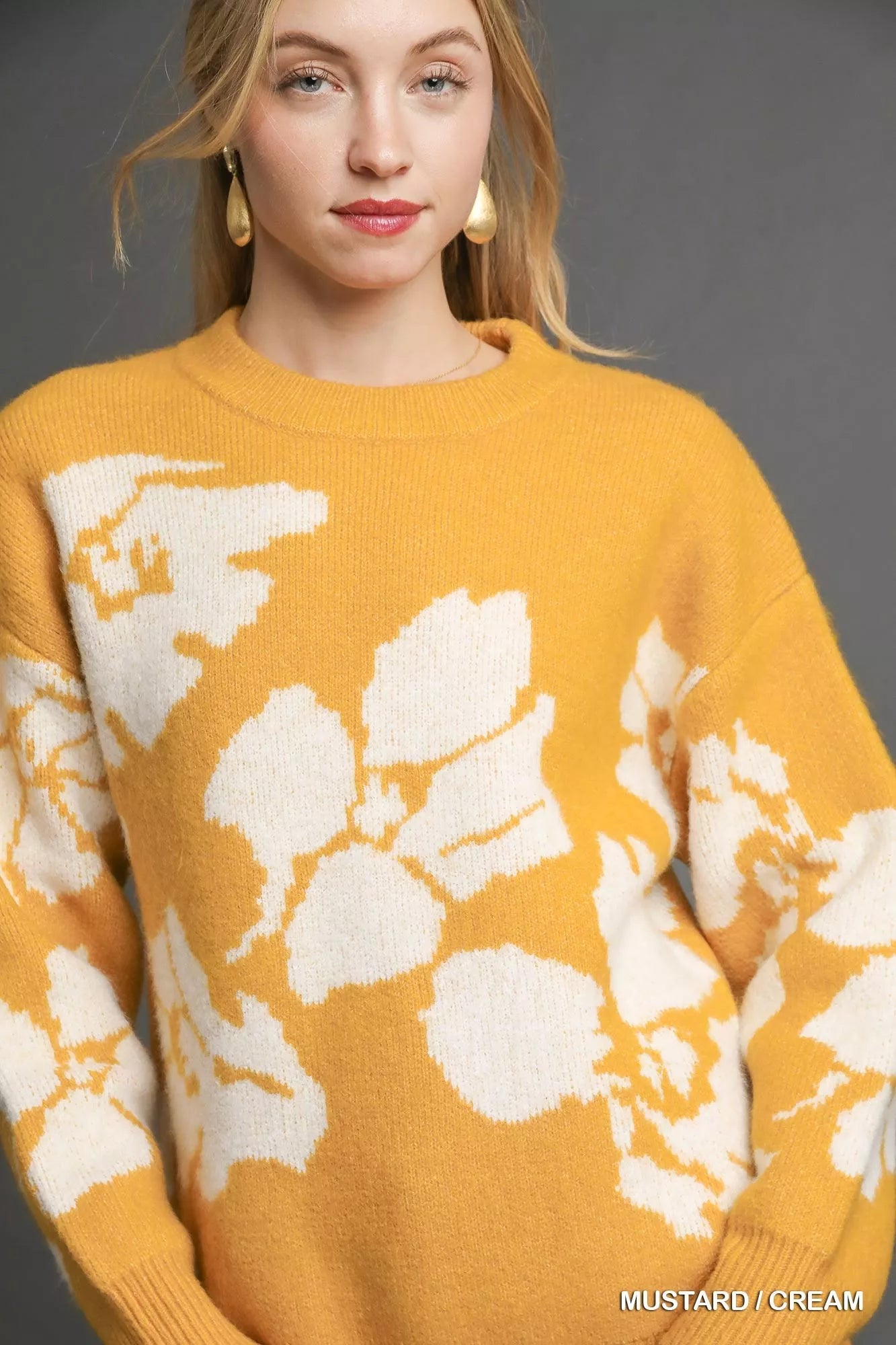 Golden Bloom Sweater in mustard with cream floral design, oversized fit with long sleeves