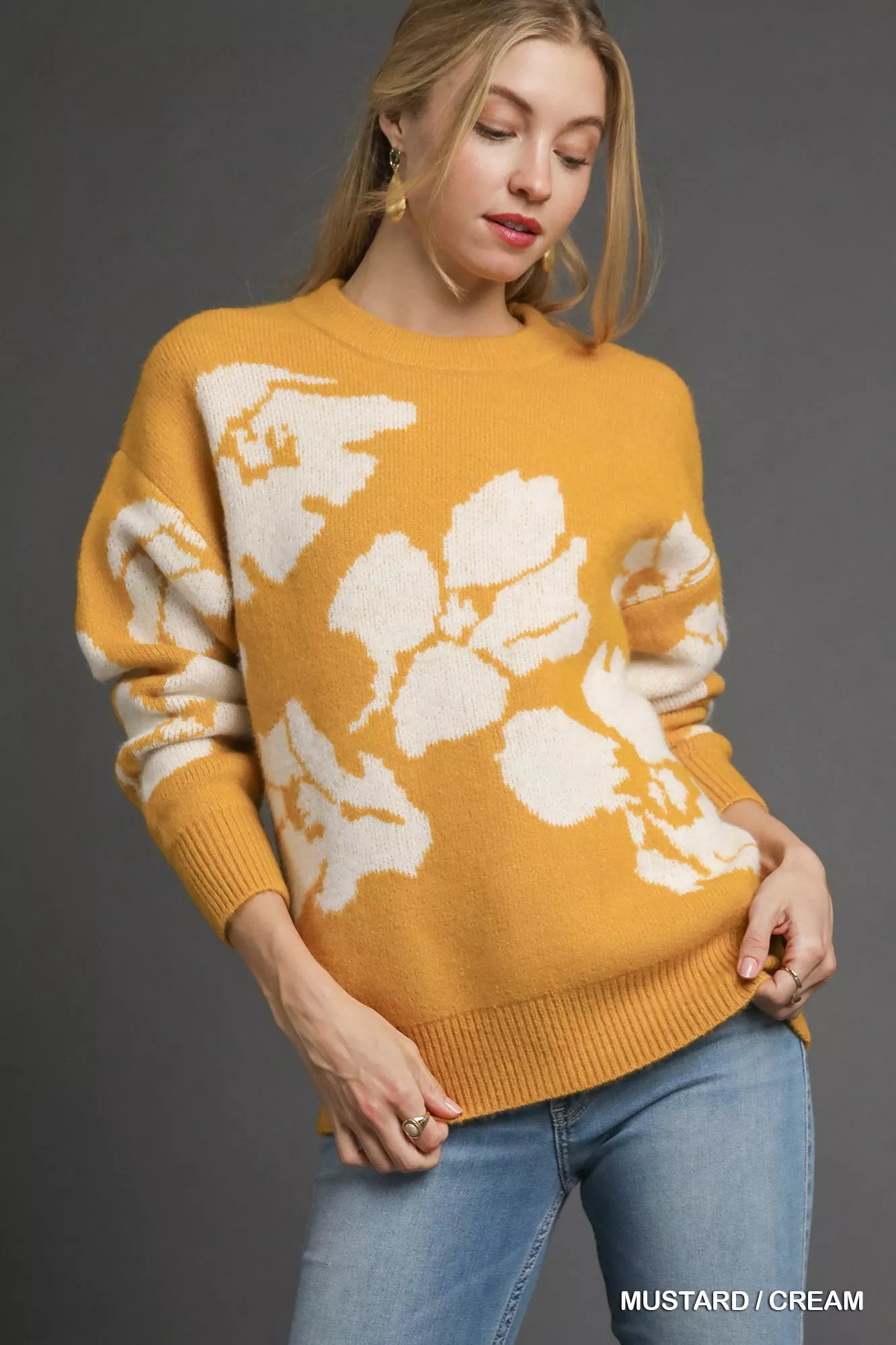 Golden Bloom Sweater in mustard with cream floral design, oversized fit with long sleeves