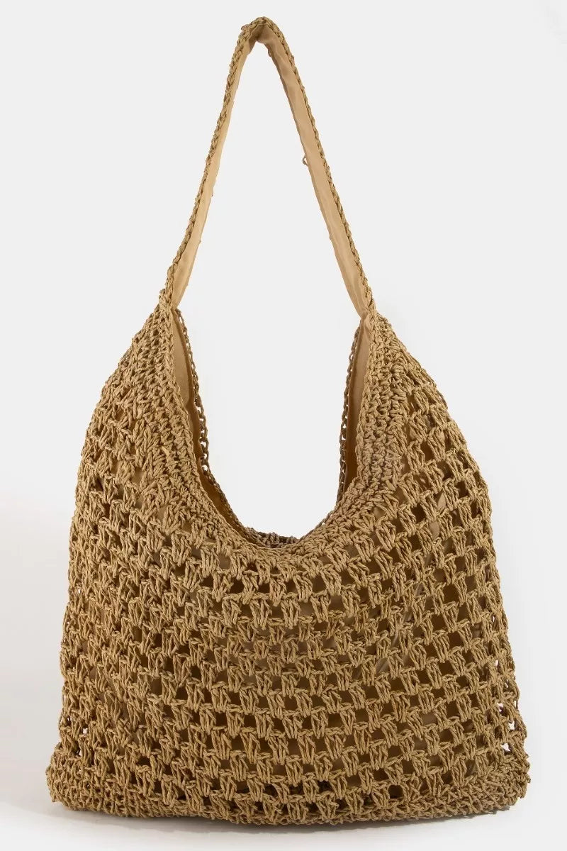 Large woven straw shoulder bag in natural beige with shoulder strap