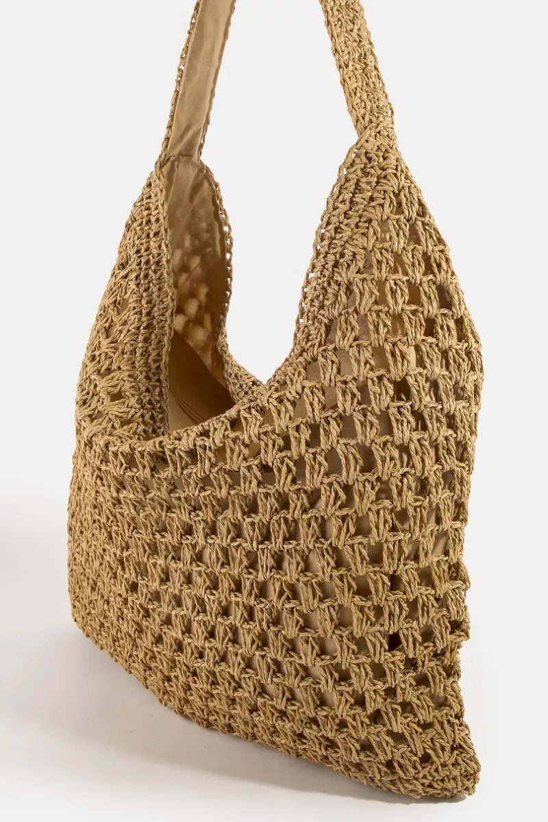 Large woven straw shoulder bag in natural beige with shoulder strap