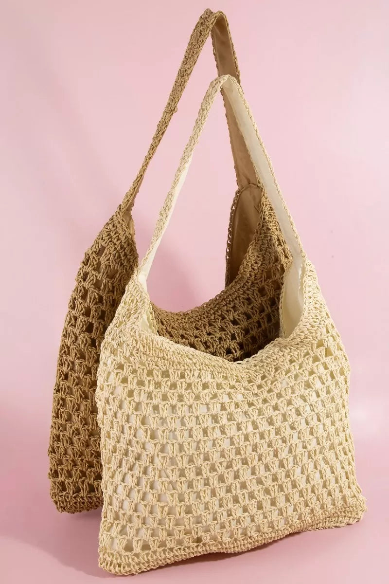 Large woven straw shoulder bag in natural beige with shoulder strap