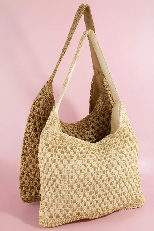 Large woven straw shoulder bag in natural beige with shoulder strap