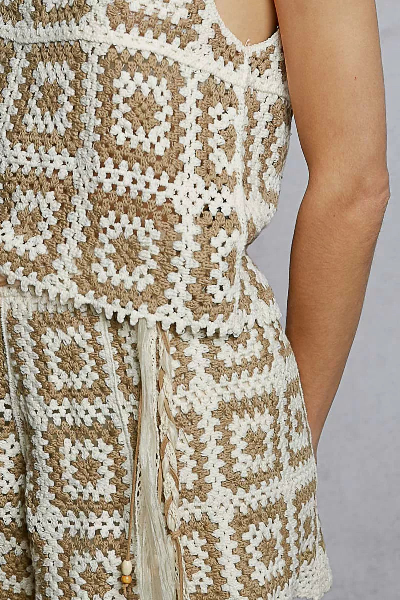 Boho granny square crochet shorts with elastic waistband