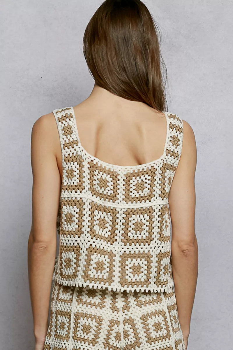 Boho granny square crochet square neck sleeveless tank top