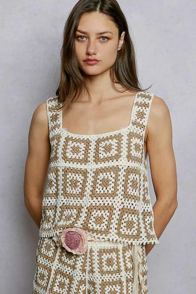 Boho granny square crochet square neck sleeveless tank top