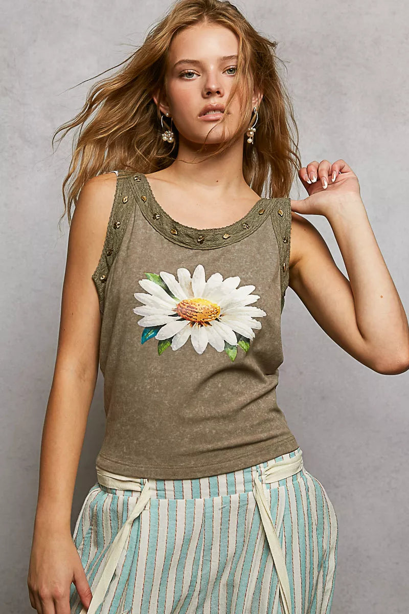 Vintage wash sleeveless daisy tank with stud neckline detailing