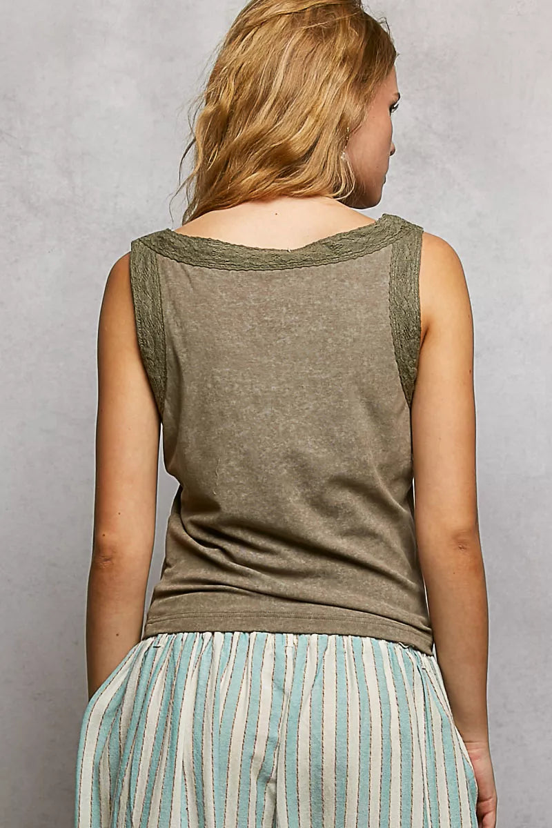 Vintage wash sleeveless daisy tank with stud neckline detailing