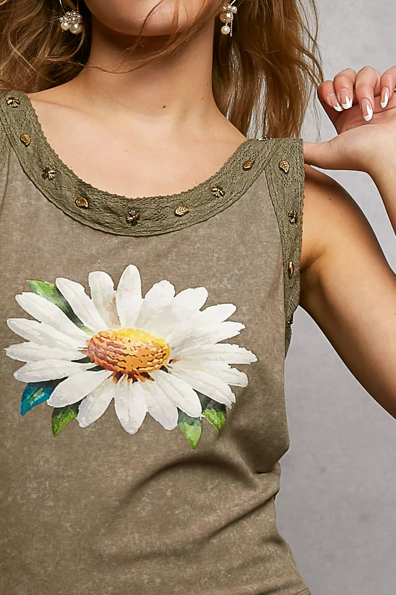 Vintage wash sleeveless daisy tank with stud neckline detailing