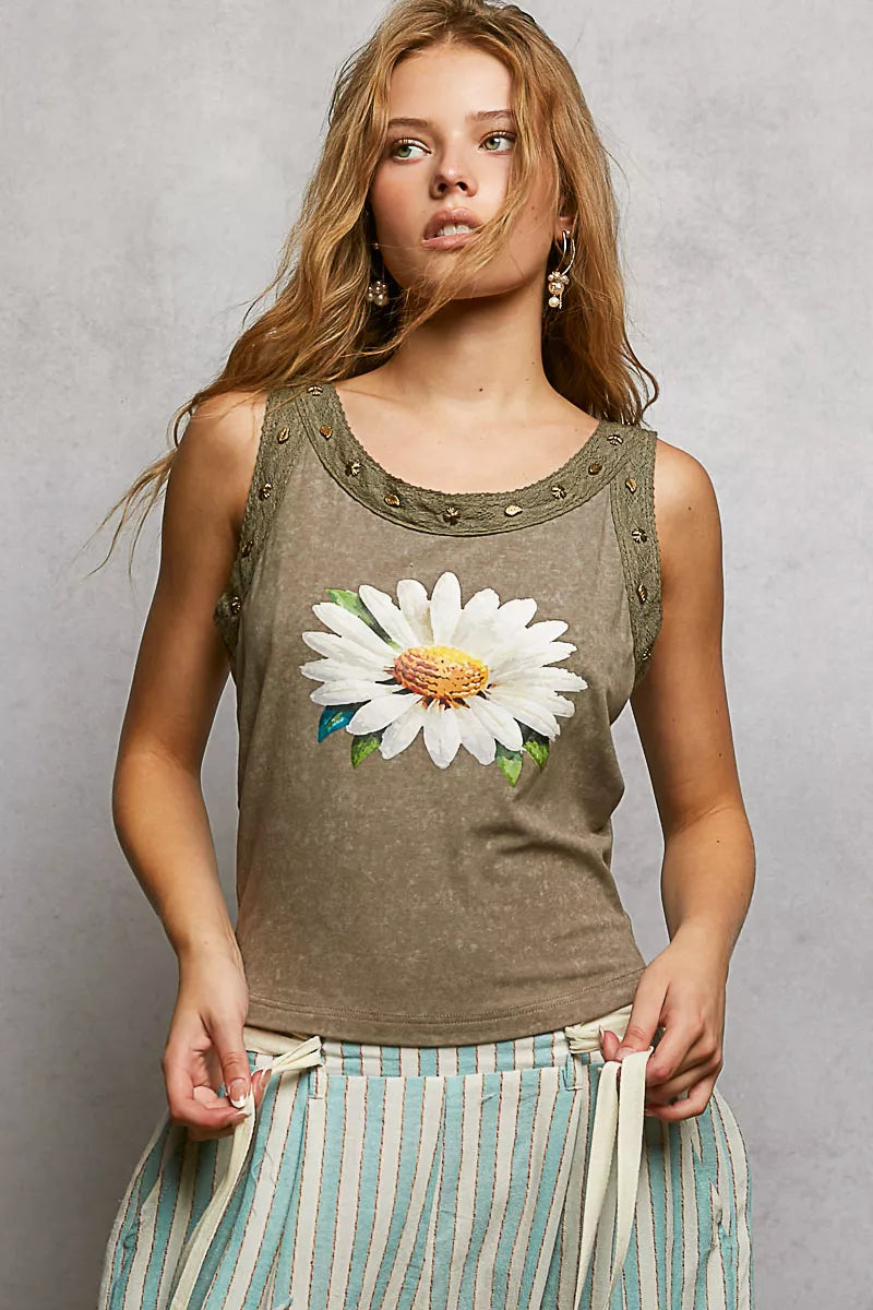 Vintage wash sleeveless daisy tank with stud neckline detailing
