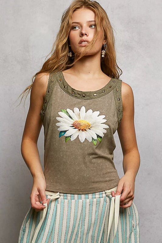 Vintage wash sleeveless daisy tank with stud neckline detailing