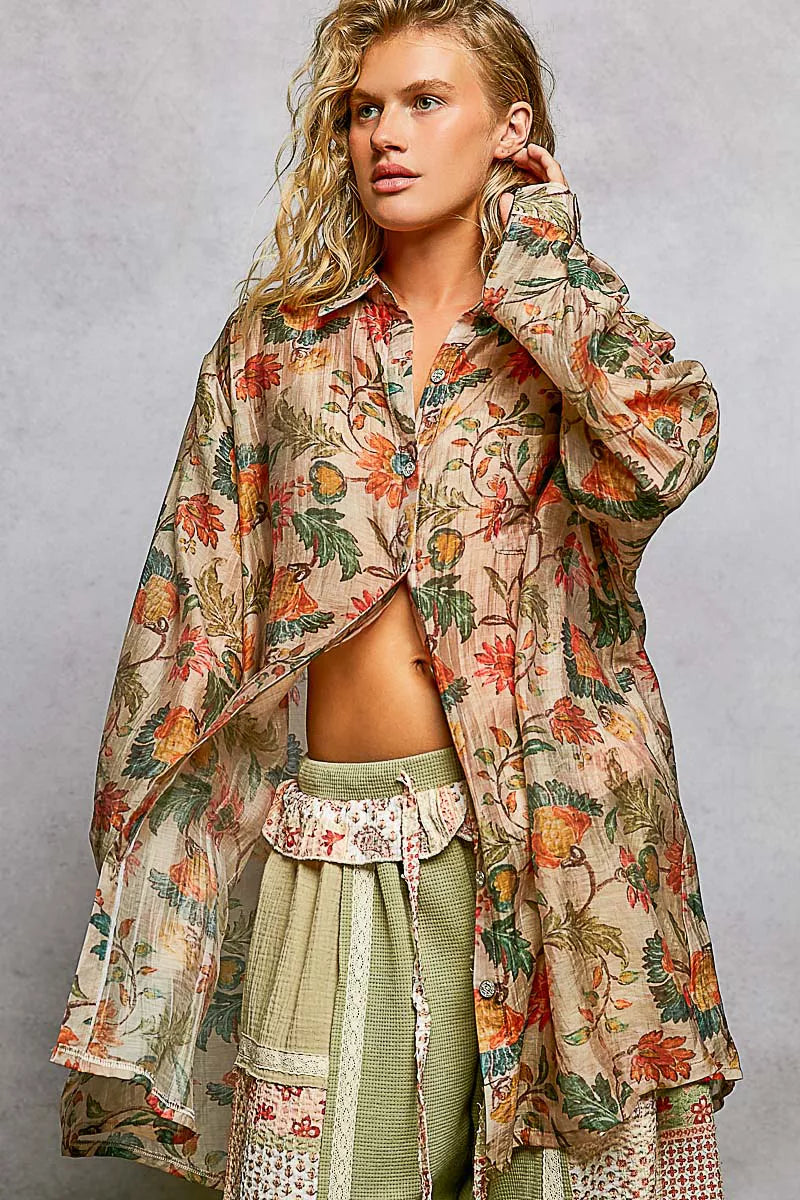 Boho floral button-down shirt with relaxed fit and vintage-inspired print