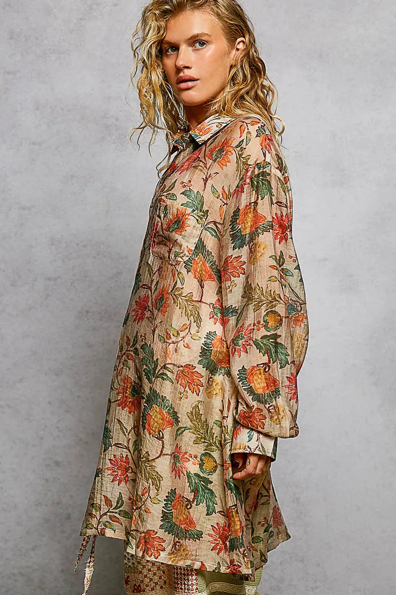 Boho floral button-down shirt with relaxed fit and vintage-inspired print