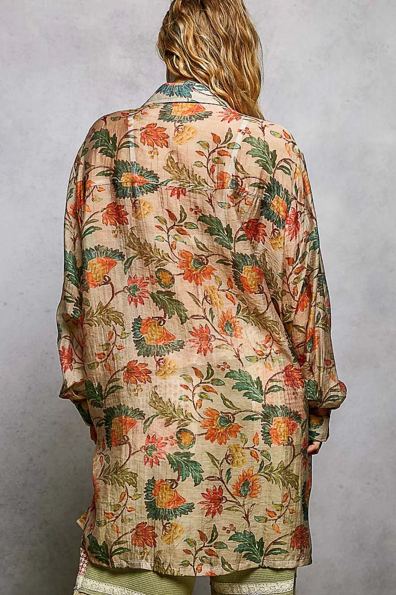Boho floral button-down shirt with relaxed fit and vintage-inspired print