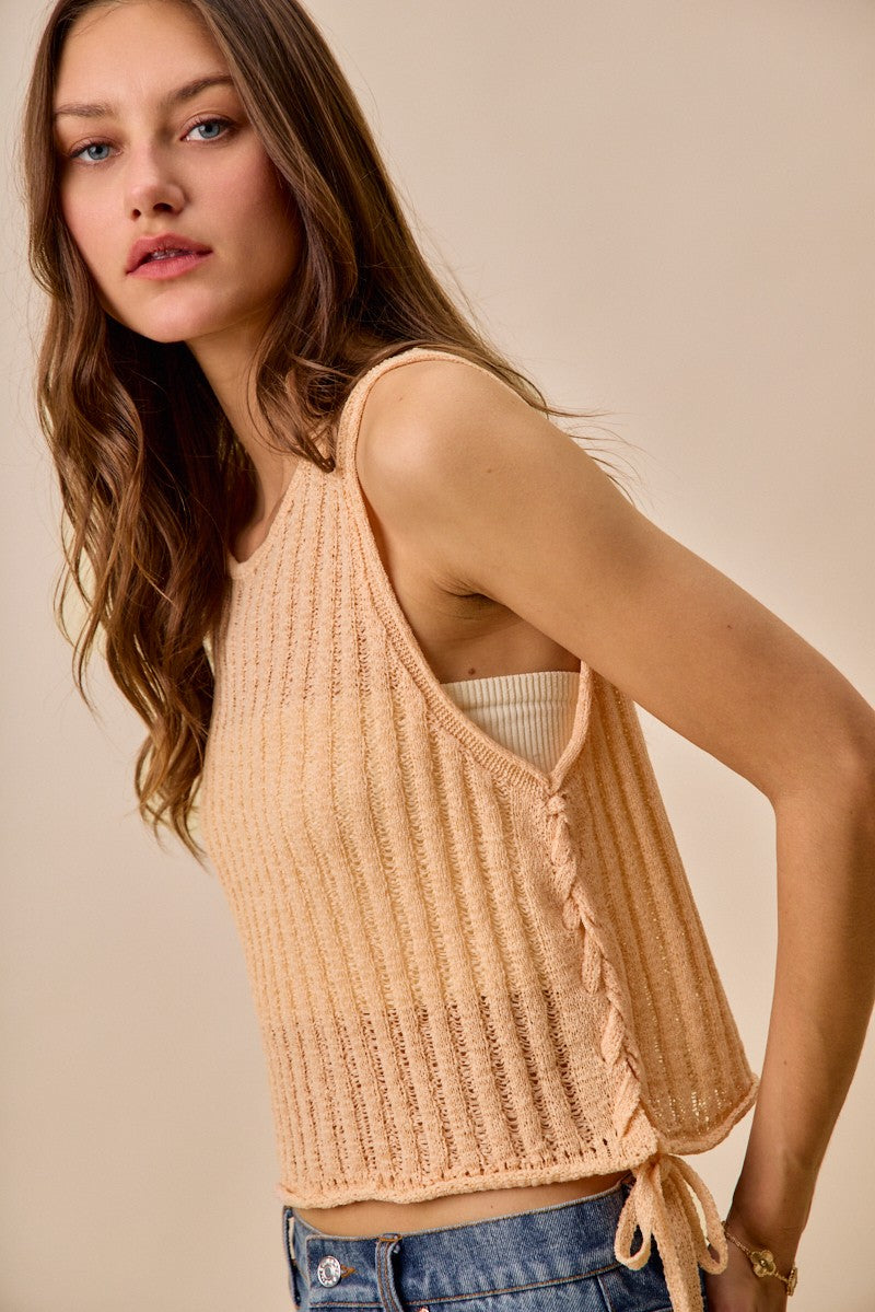 beige pointelle knit sweater tank with adjustable side ties