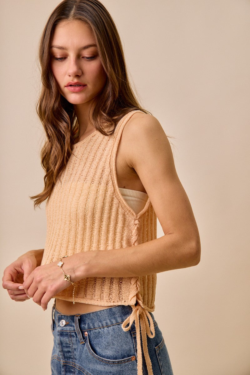 beige pointelle knit sweater tank with adjustable side ties