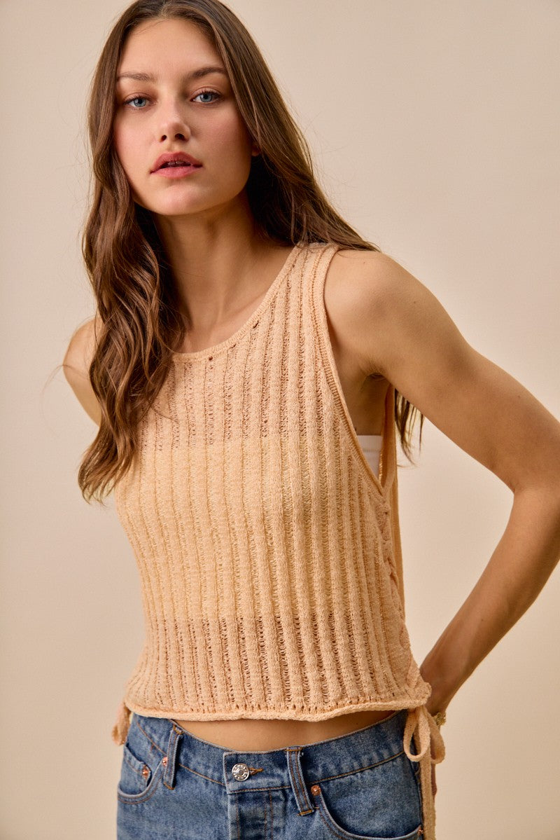 beige pointelle knit sweater tank with adjustable side ties