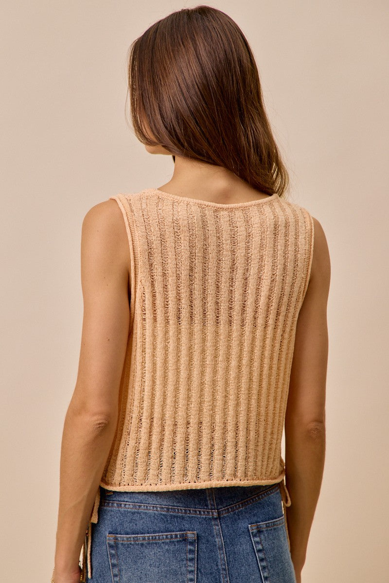 beige pointelle knit sweater tank with adjustable side ties