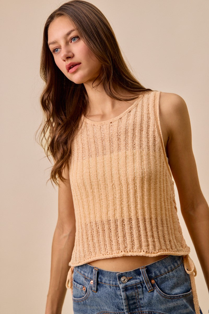 beige pointelle knit sweater tank with adjustable side ties