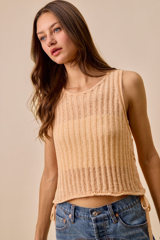 beige pointelle knit sweater tank with adjustable side ties