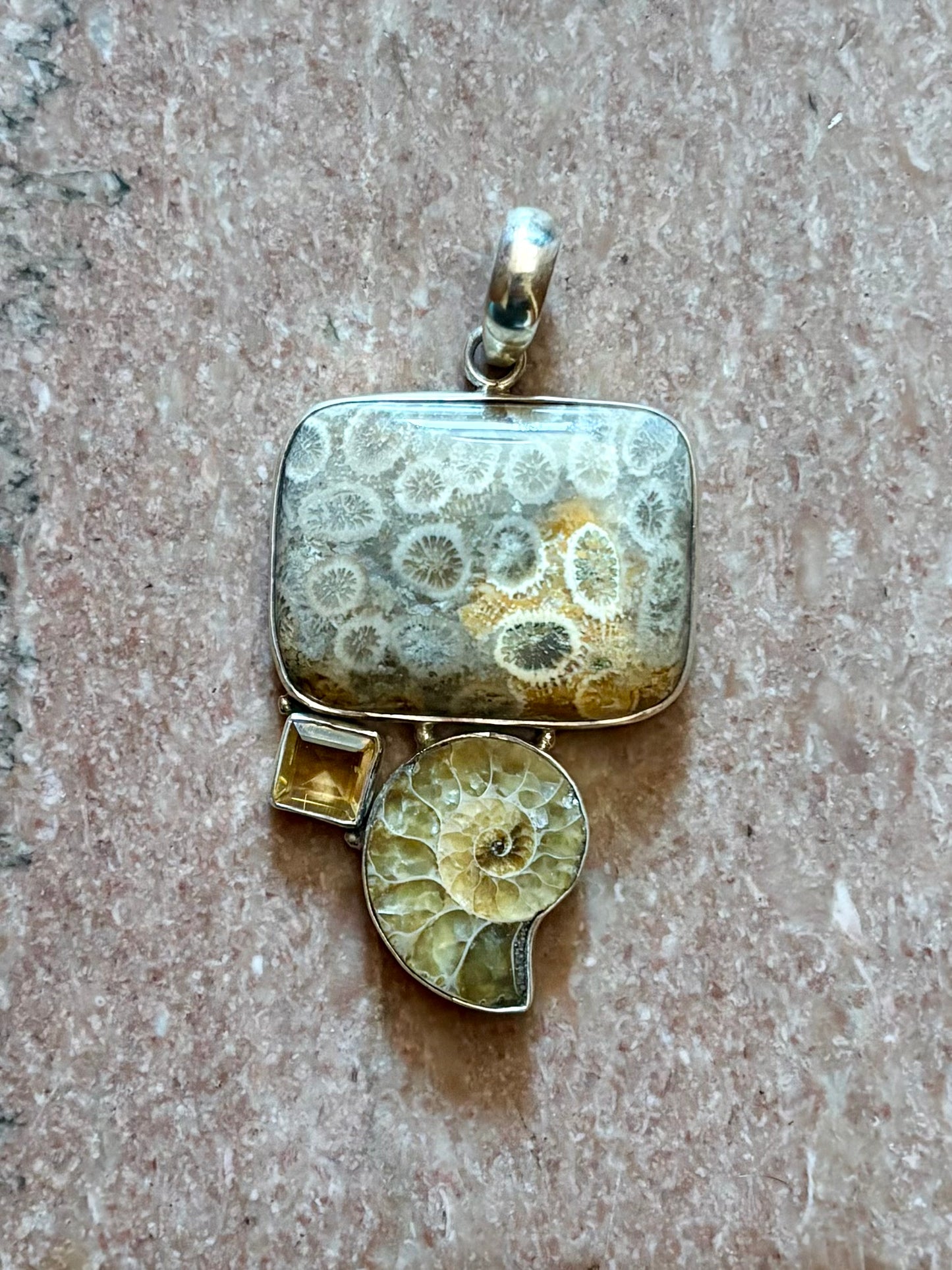 Silver pendant with a rectangular fossilized material and round ammonite fossil on a brown surface