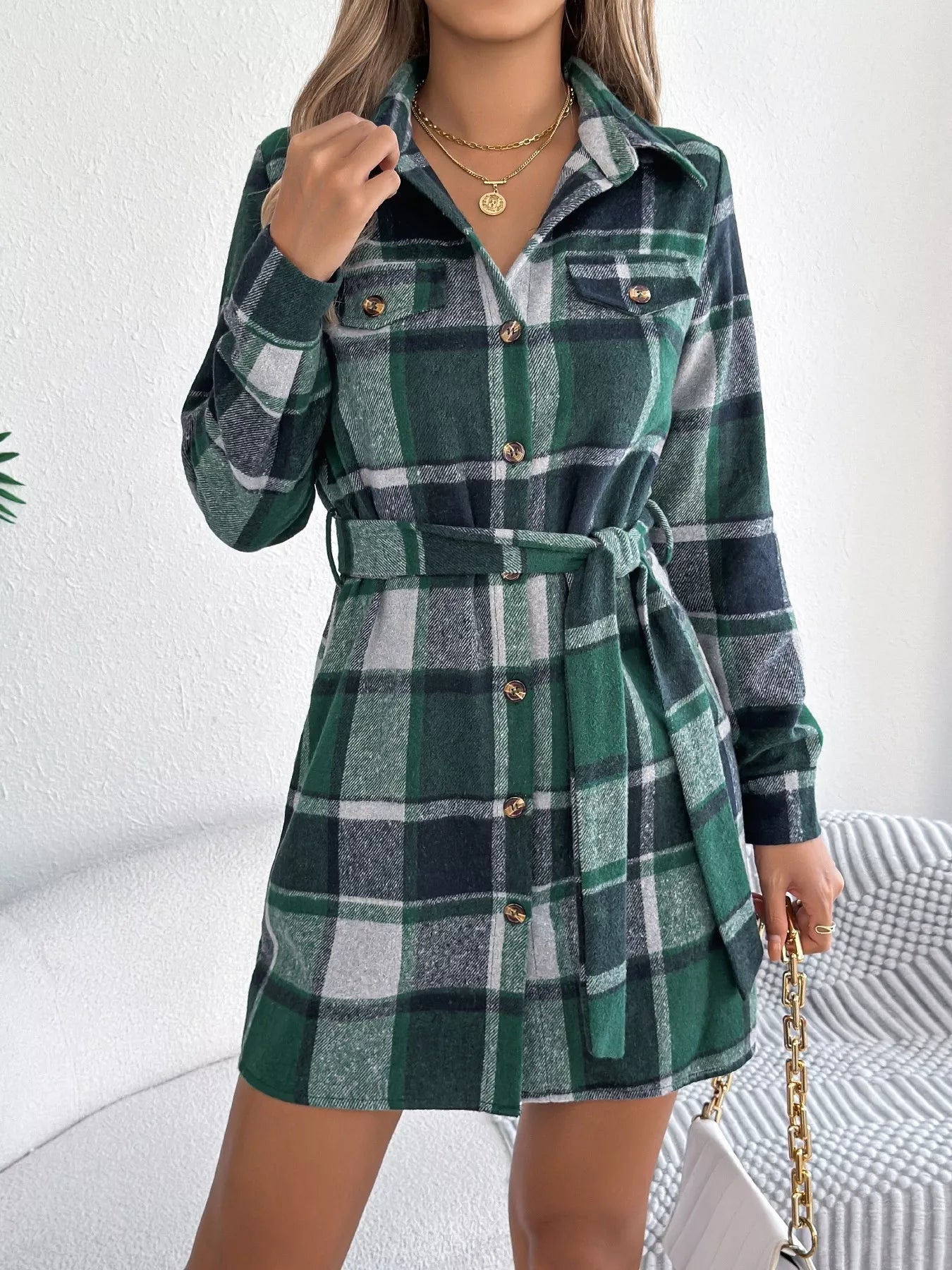 Highland Charm Plaid Dress – belted button-down long sleeve plaid dress in classic checkered print