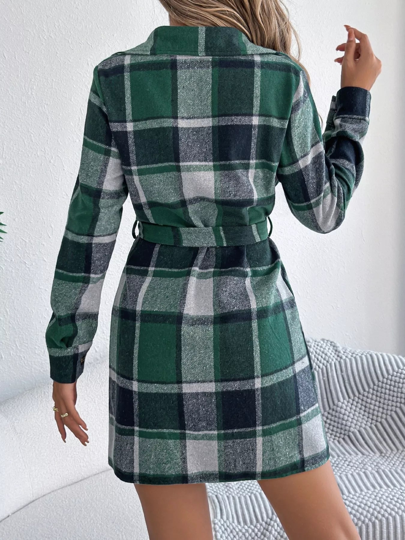 Highland Charm Plaid Dress – belted button-down long sleeve plaid dress in classic checkered print