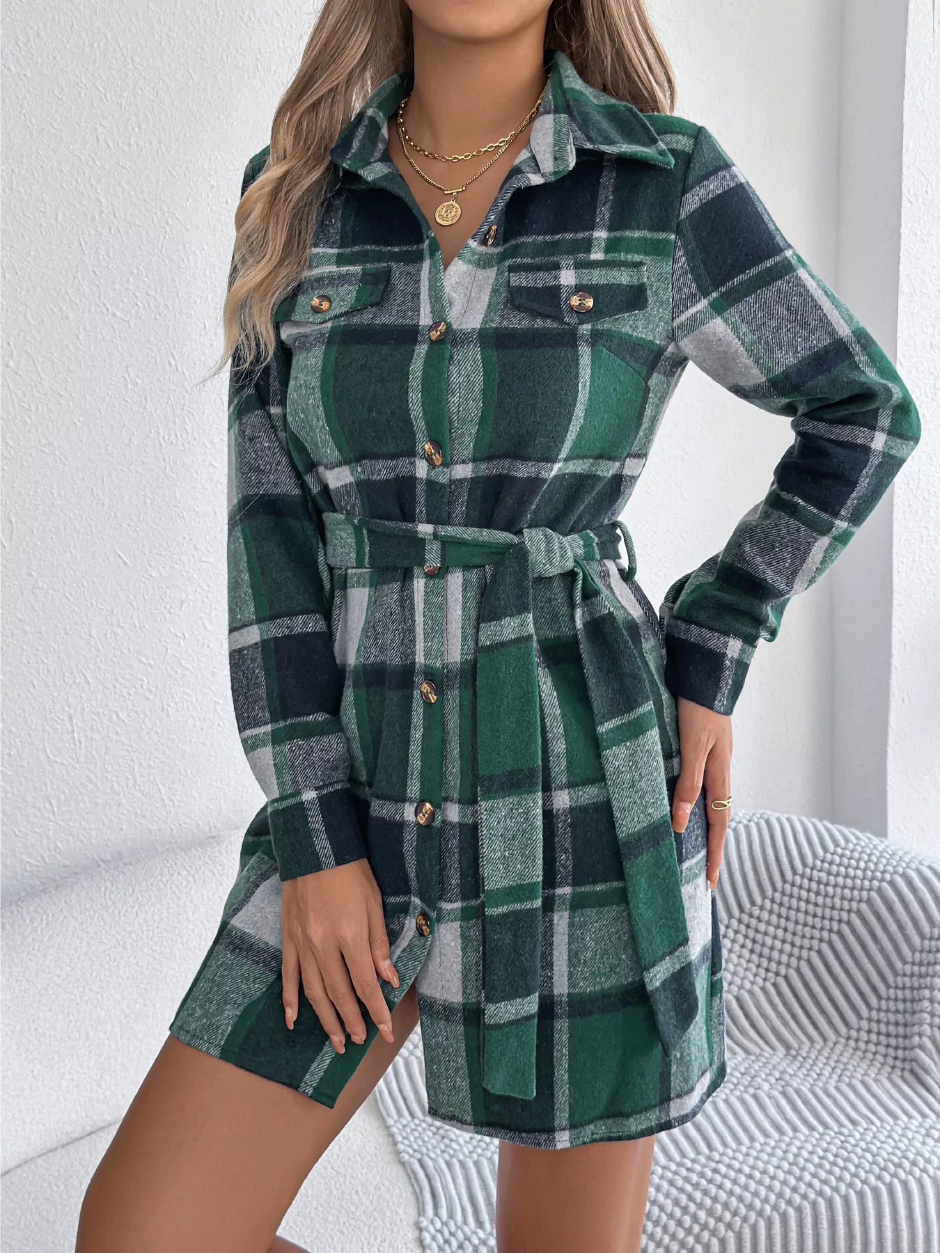 Highland Charm Plaid Dress – belted button-down long sleeve plaid dress in classic checkered print