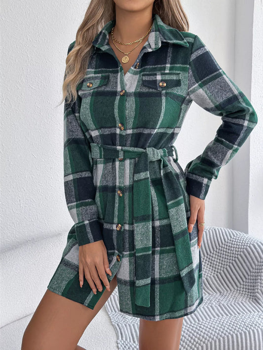 Highland Charm Plaid Dress – belted button-down long sleeve plaid dress in classic checkered print
