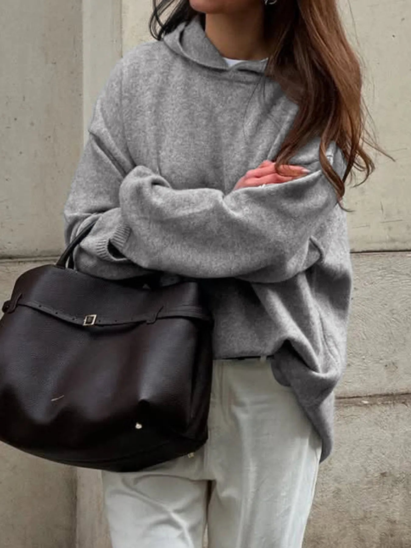 Oversized hooded sweater with long sleeves, available in brown, grey, black, and burgundy – Cozy Haven style from A Whimsical Affair.
