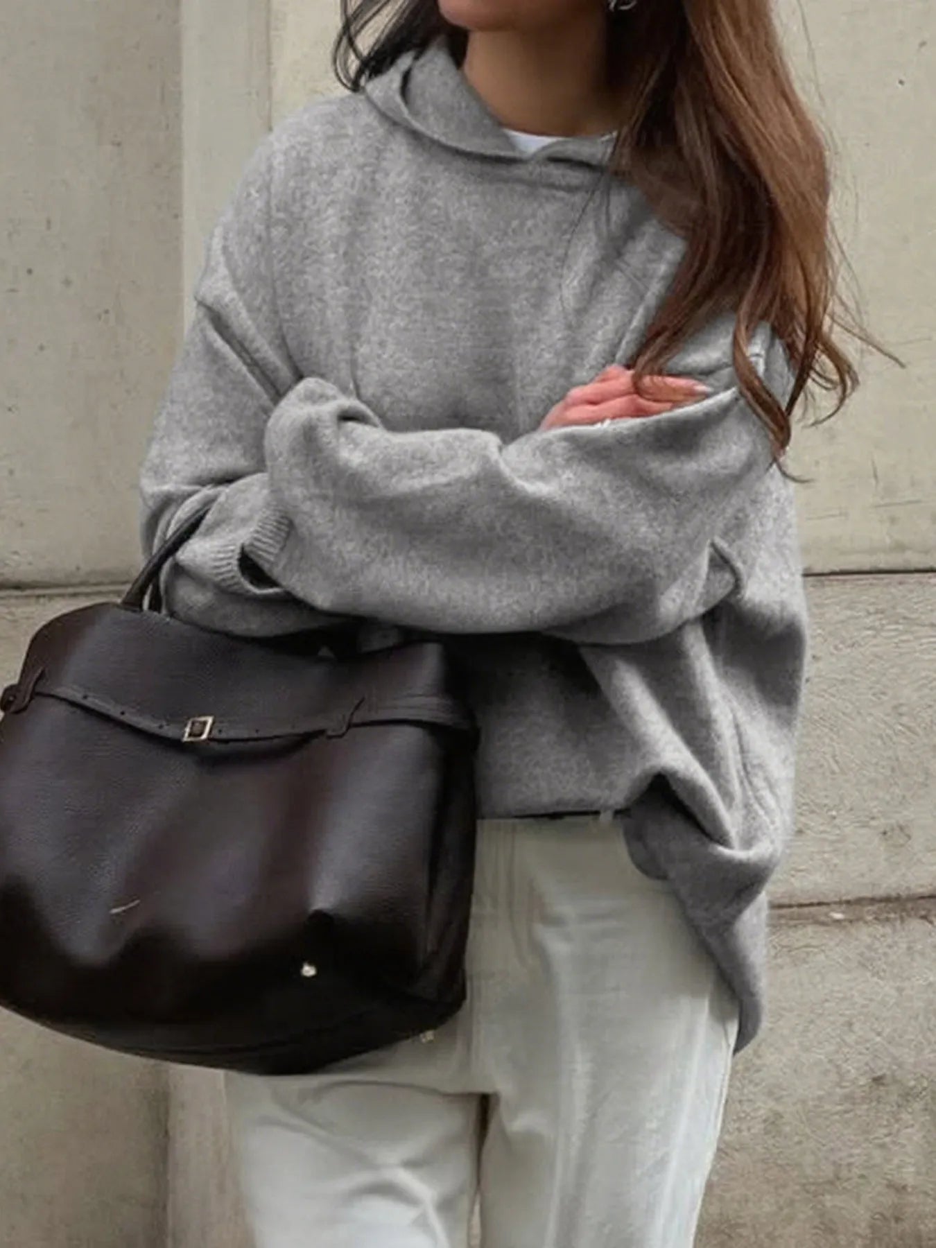 Oversized hooded sweater with long sleeves, available in brown, grey, black, and burgundy – Cozy Haven style from A Whimsical Affair.