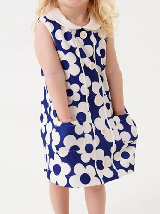 Retro daisy print cotton kids button dress with pockets