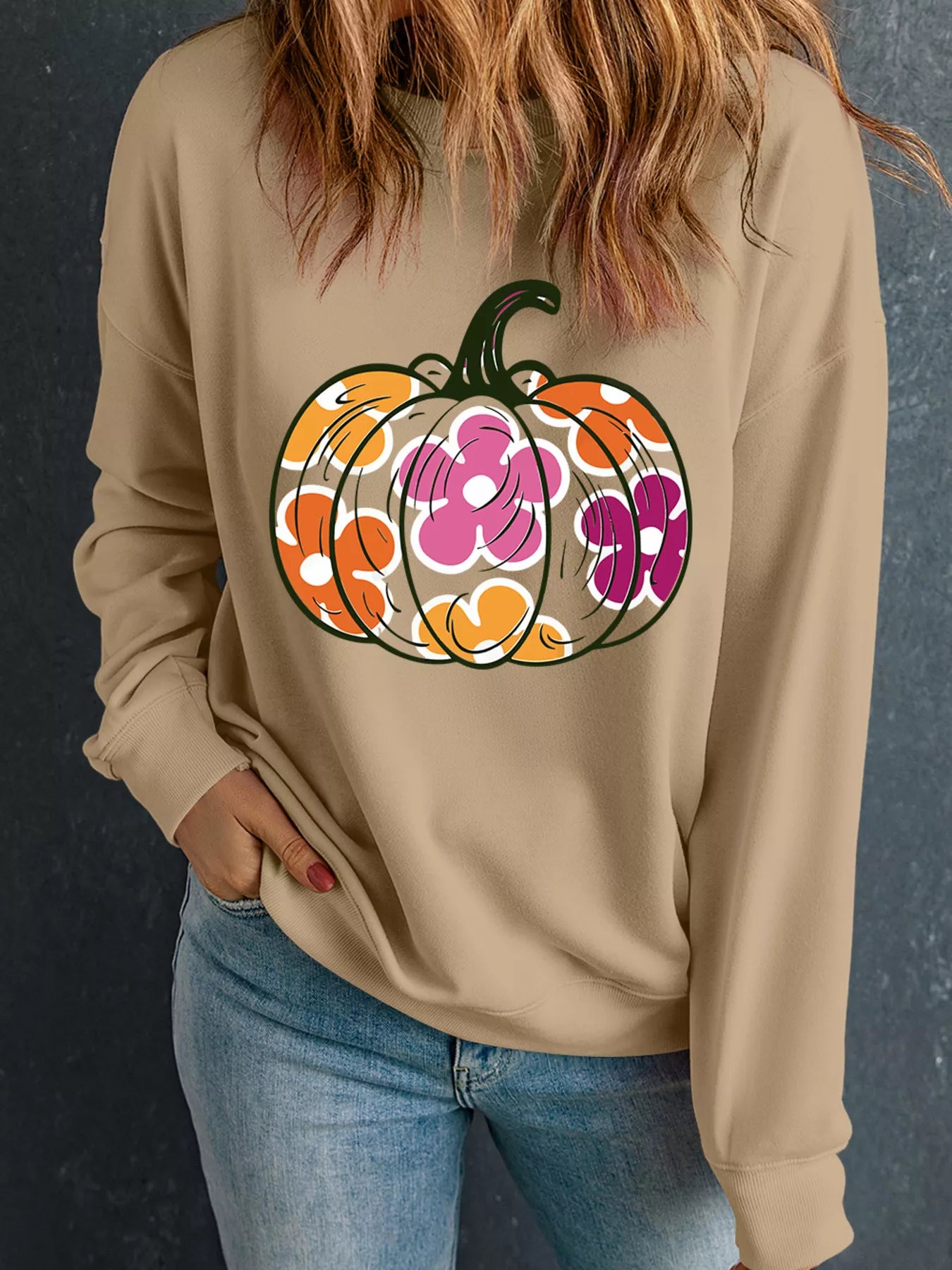 Khaki sweatshirt with retro floral pumpkin graphic – Groovy Gourd style from A Whimsical Affair.