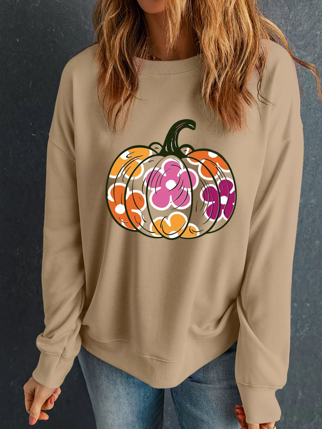 Khaki sweatshirt with retro floral pumpkin graphic – Groovy Gourd style from A Whimsical Affair.