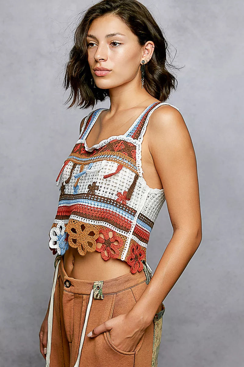 Multicolor crochet crop tank with floral hem and openwork knit details