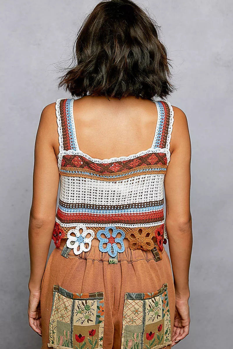 Multicolor crochet crop tank with floral hem and openwork knit details