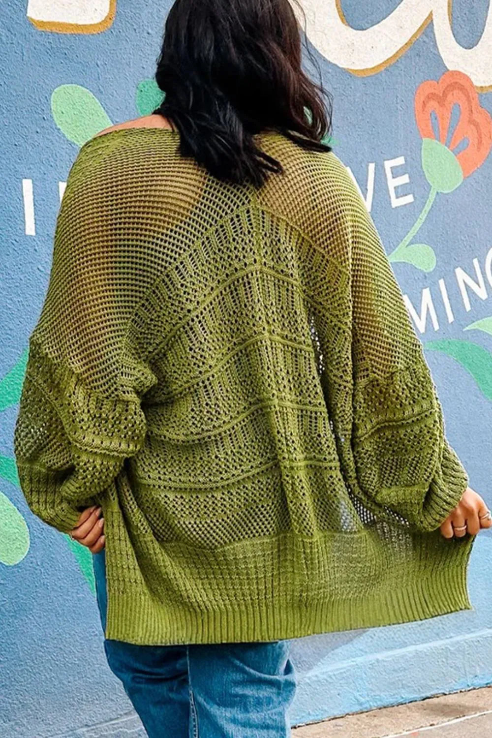 Harvest Haven Chunky Knit Cardigan – open front oversized knit sweater in olive green, styled with jeans and crossbody bag.
