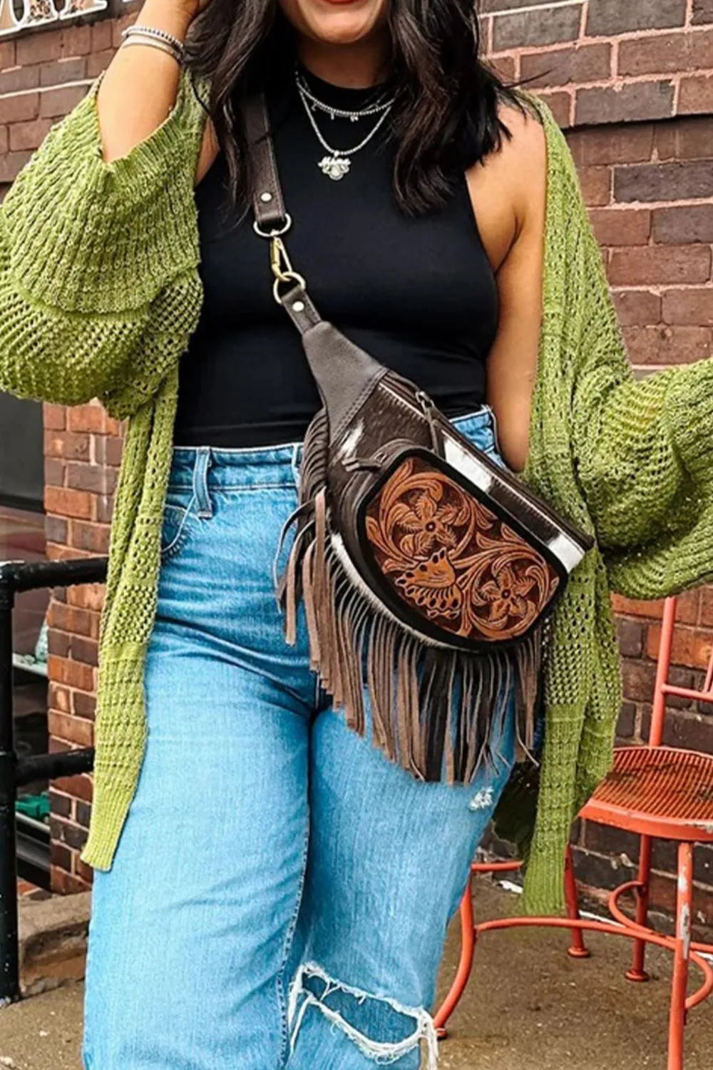 Harvest Haven Chunky Knit Cardigan – open front oversized knit sweater in olive green, styled with jeans and crossbody bag.
